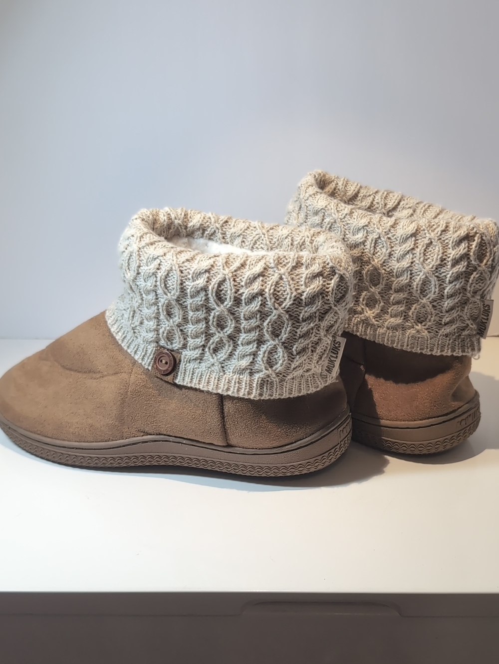 Muk Luks Cozy Knit Cuff Slip-On Hard Soled Slippers - Tan & Cream